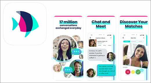 Plenty of Fish dating app logo and smartphone screenshots